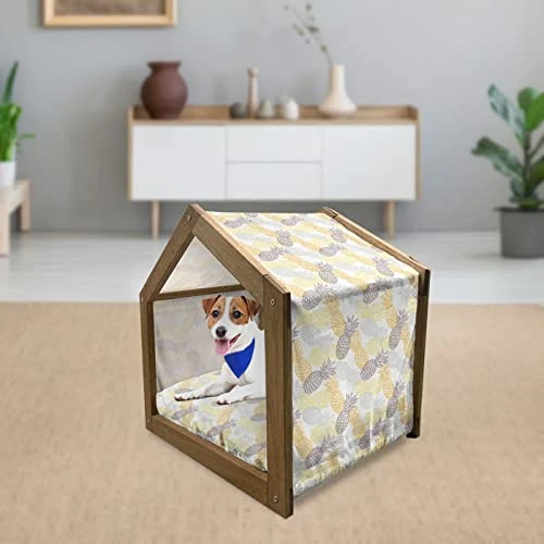 Ambesonne Fruits Wooden Pet House, Soft Toned Exotic Pineapple Tropical Diet Food Illustration, Indoor & Outdoor Portable Dog Kennel With Pillow And Cover, Small, Marigold Dimgray 4 Ambesonne Fruits Wooden Pet House, Soft Toned Exotic Pineapple Tropical Diet Food Illustration, Indoor & Outdoor Portable Dog Kennel With Pillow And Cover, Small, Marigold Dimgray - Image 2