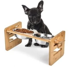 Elevated Dog Bowls With 2 Stainless Steel Dishes For Small Size Dogs & Cats- 6 Adjustable Heights Raised Bamboo Pet Slanted Feeding Stand-Large Food & Water Bowl Set- 15 ° Tilted Feeder For Cat, Puppy