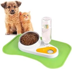 Replenish Pet Feeder And Waterer, Tilt Raised Food Bowls With Waterproof Feeding Food Mat, 2 In 1 Removable Food Water Bowls Set With 500ML Auto Siphon Water Bottle For Dog Cat Small Animals (Blue) -Zoo Shop 41cm5II7wnL. AC