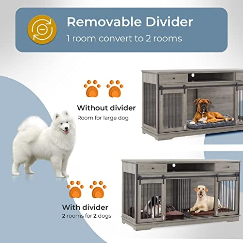 Lyromix Dog Crate Furniture Large Breed TV Stand With Drawer & 2 Sliding Doors, Dog Kennels And Crates For Medium Large Dogs With Divider, Wood Dog Crate End Table, Grey, 66.1''W*23.6''D*36''H 4 Lyromix Dog Crate Furniture Large Breed TV Stand With Drawer & 2 Sliding Doors, Dog Kennels And Crates For Medium Large Dogs With Divider, Wood Dog Crate End Table, Grey, 66.1''W*23.6''D*36''H - Image 2