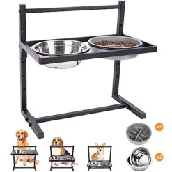 Elevated Slow Feeder Dog Bowls For Large Dogs,Raised Dog Bowls Stand 5 Adjusable Height With 2 Stainless Steel Dog Food Bowls And A Slow Feeder Dog Bowl Elevated Dog Bowls For Large Medium Small Dogs