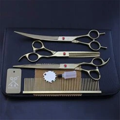 Professional 8.0 Inch Golden Hairdressing Scissors Set Pet Grooming Cutting Premium Steel Kit Straight & Thinning & Curved Shears 3 Pcs Set For Cat Dog Teddy And More Pets Clean Hair Tool