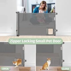 Retractable Dog Gate With Cat Door 55” Wide Retractable Baby Gate With Pet Door 35” Tall Indoor Outdoor Mesh Pet Gate For Cats/Small Dogs Child Safety Gate For Stairs, Doorways, Deck (Grey) -Zoo Shop 41fL2L7rKqL