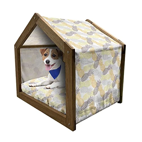 Ambesonne Fruits Wooden Pet House, Soft Toned Exotic Pineapple Tropical Diet Food Illustration, Indoor & Outdoor Portable Dog Kennel With Pillow And Cover, Small, Marigold Dimgray 3 Ambesonne Fruits Wooden Pet House, Soft Toned Exotic Pineapple Tropical Diet Food Illustration, Indoor & Outdoor Portable Dog Kennel With Pillow And Cover, Small, Marigold Dimgray