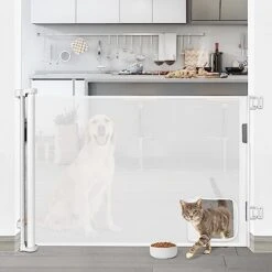 Retractable Dog Gate With Cat Door 55” Wide Retractable Baby Gate With Pet Door 35” Tall Indoor Outdoor Mesh Pet Gate For Cats/Small Dogs Child Safety Gate For Stairs, Doorways, Deck (Grey) -Zoo Shop 41fSnxK4iL. AC