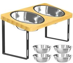 UQNAL Elevated Dog Bowls Stand Bamboo Raised Dog Bowl With 15° Stand Tilted For Medium And Small Dog Water Bowl With 4 Stainless Steel Bowl And Anti Slip Feet