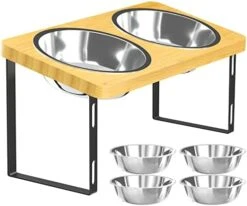 UQNAL Elevated Dog Bowls Stand Bamboo Raised Dog Bowl With 15° Stand Tilted For Medium And Small Dog Water Bowl With 4 Stainless Steel Bowl And Anti Slip Feet -Zoo Shop 41iowv6zOKL. AC