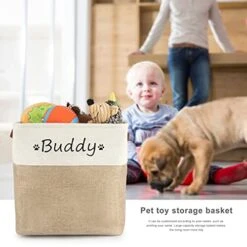 Personalized Dog Toy Box Square Basket With Leather Handles , Custom Name And Paw Pattern Puppy Toy Bin , Storage Baskets For Organizing Food Clothes And Pets Accessories(White Beige) -Zoo Shop 41j7JAal2tL