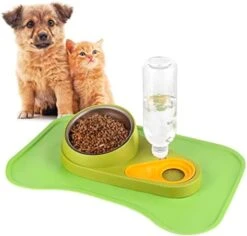 Replenish Pet Feeder And Waterer, Tilt Raised Food Bowls With Waterproof Feeding Food Mat, 2 In 1 Removable Food Water Bowls Set With 500ML Auto Siphon Water Bottle For Dog Cat Small Animals (Blue) -Zoo Shop 41lUTNSvyDL. AC