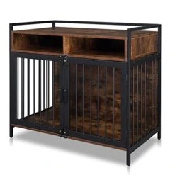 Dog Crate Furniture 38.6" With 2 Drawers, Large Dog Kennel End Table, Wooden Dog Cage Indoor Dog House Pet Crate Table With Double Doors For Large Small Medium Dogs, Walnut Color