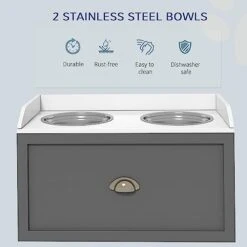 PawHut Large Elevated Dog Bowls With Storage Drawer Containing 21L Capacity, Raised Pet Feeding Station With 2 Stainless Steel Bowls, Gray -Zoo Shop 41sbAs6Hn9L