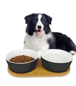 LIHONG Ceramic Dog Bowls, Dog Food And Water Bowl Set With Non Slip Wooden Tray, Pet Food Double Bowl For Small And Medium Dogs, Black Pet Food Dish, 45 Oz