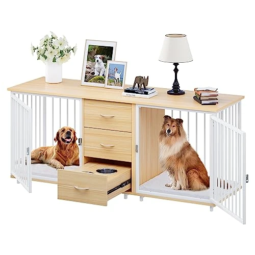 YITAHOME Large Dog Crate Furniture 74" Inch, Indoor Wooden Dog Kennel With Dog Feeders Bowls, 2-in-1 TV Stand, Endtable For 2 Large Medium Dogs, Walnut White 8 YITAHOME Large Dog Crate Furniture 74" Inch, Indoor Wooden Dog Kennel With Dog Feeders Bowls, 2-in-1 TV Stand, Endtable For 2 Large Medium Dogs, Walnut White - Image 6