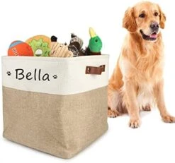 Personalized Dog Toy Box Square Basket With Leather Handles , Custom Name And Paw Pattern Puppy Toy Bin , Storage Baskets For Organizing Food Clothes And Pets Accessories(White Beige) -Zoo Shop 41vAhg 9BZL. AC