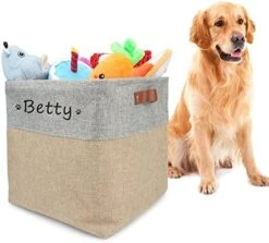 Personalized Dog Toy Box Square Basket With Leather Handles , Custom Name And Paw Pattern Puppy Toy Bin , Storage Baskets For Organizing Food Clothes And Pets Accessories(White Beige) -Zoo Shop 41vlrBgpjyL. AC