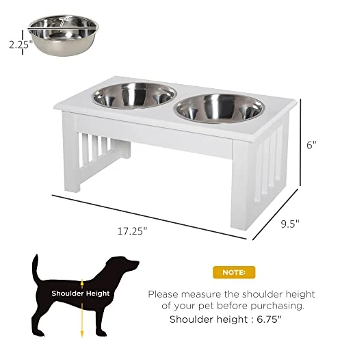 PawHut 17" Small Puppy Dog Feeding Station For Messy Pets, Stainless Steel Elevated Dog Bowls With Modern Wooden Frame, Dog Food Stand Pet Feeding Station, White 4 PawHut 17" Small Puppy Dog Feeding Station For Messy Pets, Stainless Steel Elevated Dog Bowls With Modern Wooden Frame, Dog Food Stand Pet Feeding Station, White - Image 2