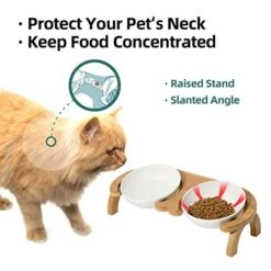 Havniva Ceramics Cat Bowl Adjustable Tilted Cat Food Bowl Kitty Bowl Protect Cervical Spine Raised Cat Bowl Cat Water Bowl Pet Supplies Elevated Dog Food Bowl Cat Double Bowl Cat Dish (Double, White) -Zoo Shop 41vz2mkxcZL