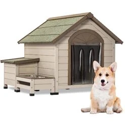 AWQM Wooden Dog House Outdoor Indoor For Small Medium Dogs,Outdoor Pet Kennel With 2 Bowls/Open Roof/Elevated Floor,Weatherproof Puppy House,Cream
