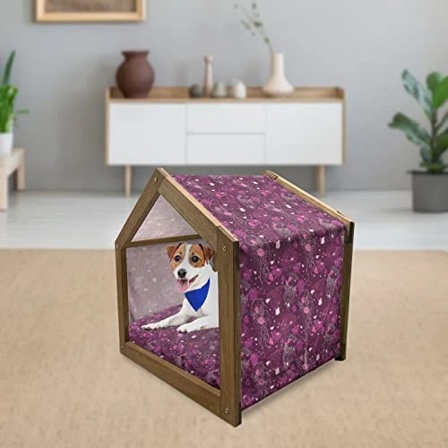 Ambesonne Jellyfish Wooden Pet House, Various Outline Organisms With Paint Drops Marine Fauna Line Art, Indoor & Outdoor Portable Dog Kennel With Pillow And Cover, Small, Dark Magenta Rose 4 Ambesonne Jellyfish Wooden Pet House, Various Outline Organisms With Paint Drops Marine Fauna Line Art, Indoor & Outdoor Portable Dog Kennel With Pillow And Cover, Small, Dark Magenta Rose - Image 2