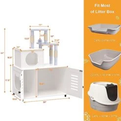 EasyCom Litter Box Enclosure, Hidden Cat Tree Tower Furniture For Indoor House, Modern Wooden All-in-one Cat Litter Cabinet With Scratching Post And Condo, White -Zoo Shop 41xW4YZHyqL