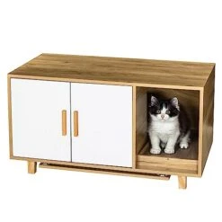 FEELLE Cat Litter Box Enclosure Houses With Food Bowls And Scratch Pad For Indoor Cats, Cat Washroom Hidden Litter Box Furniture Cabinet, Modern Cat Home, Table Nightstand Pet House