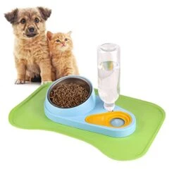 Replenish Pet Feeder And Waterer, Tilt Raised Food Bowls With Waterproof Feeding Food Mat, 2 In 1 Removable Food Water Bowls Set With 500ML Auto Siphon Water Bottle For Dog Cat Small Animals (Blue)