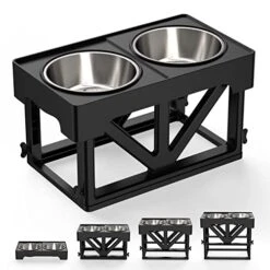 Funkeen Elevated Dog Bowls Adjustable 4 Height Raised Dog Bowl Stand With 2 Stainless Steel Pet Bowl, Lifted Dog Food And Water Bowls Holder For Small Medium Large Dogs, Black, (SDRFG-05416)