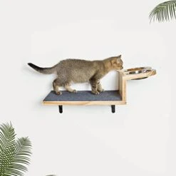 A.FATI Cat Wall Shelf, Wooden Cat Feeding Shelf With 2 Raised Bowls, 15° Tilted Feeding Position, Cat Shelves And Perches For Eating, Playing, Sleeping & Lounging