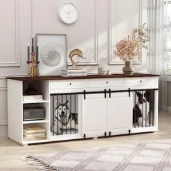 DAWNSPACES Furniture Style Large Dog Crate For 2 Dogs, 86.6" Heavy Duty Wooden Dog Kennel With Dog Bowl Drawers & Divider, Indoor Furniture Style Dog Kennel For Large Medium Dogs, White -Zoo Shop 51 KtFARidL. AC
