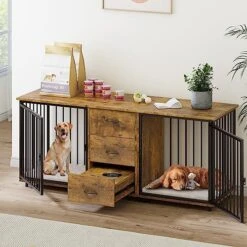 YITAHOME Large Dog Crate Furniture 74" Inch, Indoor Wooden Dog Kennel With Dog Feeders Bowls, 2-in-1 TV Stand, Endtable For 2 Large Medium Dogs, Walnut White 16 YITAHOME Large Dog Crate Furniture 74" Inch, Indoor Wooden Dog Kennel With Dog Feeders Bowls, 2-in-1 TV Stand, Endtable For 2 Large Medium Dogs, Walnut White -Zoo Shop 51 qn7aSX0L. AC