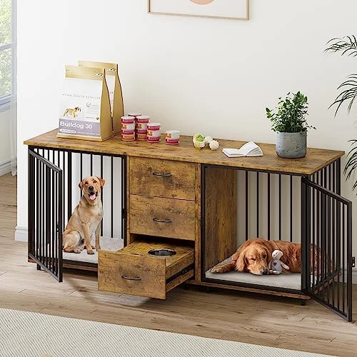 YITAHOME Large Dog Crate Furniture 74" Inch, Indoor Wooden Dog Kennel With Dog Feeders Bowls, 2-in-1 TV Stand, Endtable For 2 Large Medium Dogs, Walnut White 9 YITAHOME Large Dog Crate Furniture 74" Inch, Indoor Wooden Dog Kennel With Dog Feeders Bowls, 2-in-1 TV Stand, Endtable For 2 Large Medium Dogs, Walnut White - Image 7