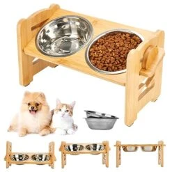 ODRIEW Elevated Cat Bowls, 6 Adjustable Heights Raised Dog Bowl, 15° Tilt Neck Guard Bamboo Dog Bowl Stand With 2 Stainless Steel Dog Bowls For Small And Medium Dogs And Cats. (6.3'' Double Food Bowl)