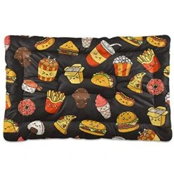 Fast Junk Food Hamburger French Fries Ice Cream Faces On Black Dog Cat Bed Mat Soft Crate Pad Mattress Cushion For Small Medium Pets, Anti Slip Sleeping Kennel Mat Washable & Dry 36x24 Inch