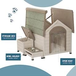 AWQM Wooden Dog House Outdoor Indoor For Small Medium Dogs,Outdoor Pet Kennel With 2 Bowls/Open Roof/Elevated Floor,Weatherproof Puppy House,Cream -Zoo Shop 510ZJCcXG4L