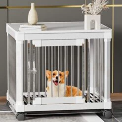 GENERIC Pet Crate Furniture For Small Dogs- Furniture Dog Crate Wooden Dog Crate Dog Crate Terminal Table - Coffee Table Dog Crate With Tray, Universal Wheels (M(28''L X 22''W X 24''H),White) -Zoo Shop 511SodW1Y3L