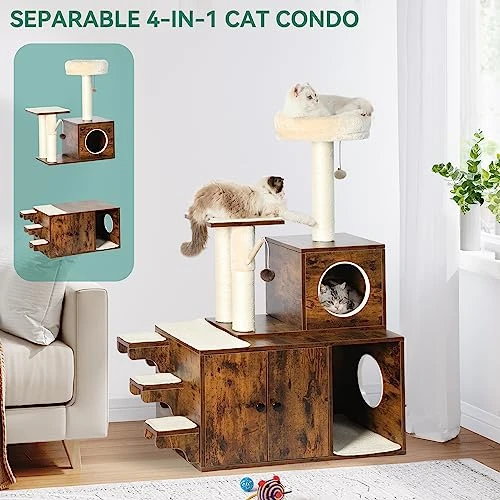 YITAHOME Litter Box Enlcosure With Cat Tree, 4-in-1 Modern Cat Tree With Cat Mat, Indoor Wooden Cat House Separable Litter Box Furniture Hidden End Table For 3-4 Large Cats 4 YITAHOME Litter Box Enlcosure With Cat Tree, 4-in-1 Modern Cat Tree With Cat Mat, Indoor Wooden Cat House Separable Litter Box Furniture Hidden End Table For 3-4 Large Cats - Image 2
