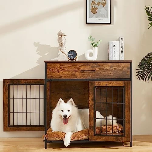 SWHSE Large Dog Crate Furniture, Heavy Duty Dog Kennel Furniture With 2-in-1 Induction Lamp And Removable Washable Pet Mat For Large And Medium Dogs Indoor(Left) 3 SWHSE Large Dog Crate Furniture, Heavy Duty Dog Kennel Furniture With 2-in-1 Induction Lamp And Removable Washable Pet Mat For Large And Medium Dogs Indoor(Left)