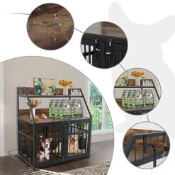 PANTAZO Heavy Duty Dog Crate Furniture Dog Kennel With Storage Shelf And 2 Hooks Adjustable Raised Feeder With Divider For 2 Small Dogs Or 1 Dog (40.7’’W X 23.6’’D X 45.7 H) Brown -Zoo Shop 5123uM5NdXL
