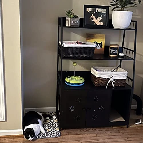 Recaceik Large Cat Litter Box Enclosure With Shelf Storage, Hidden Cat Washroom Furniture, Wooden Cat House With Scratch Pad, Sturdy Indoor Cat Cabinet With 2 Doors, Black 5 Recaceik Large Cat Litter Box Enclosure With Shelf Storage, Hidden Cat Washroom Furniture, Wooden Cat House With Scratch Pad, Sturdy Indoor Cat Cabinet With 2 Doors, Black - Image 3