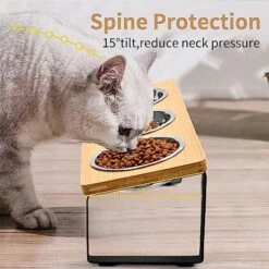 FTKINGDER Raised Cat Food Water Bowl，Small Dog 15 ° Tilted Elevated Food Feeding Tray With Three Stainless Steel Bowls To Protect The Spine Of Cats And Dogs From Vomiting (Wood Color) -Zoo Shop 514yQukglNL
