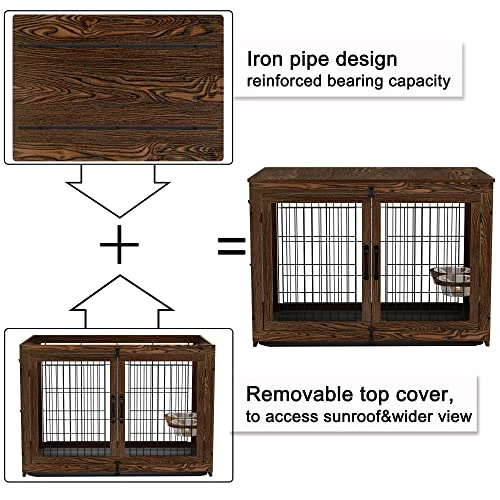 Piskyet Wooden Dog Crate Furniture With 360° Rotatable Removable Dog Bowls, Medium Dog Crate End Table With Tray, Double Doors Dog Kennels Indoor For XLarge Dogs - Rustic Style 7 Piskyet Wooden Dog Crate Furniture With 360° Rotatable Removable Dog Bowls, Medium Dog Crate End Table With Tray, Double Doors Dog Kennels Indoor For XLarge Dogs - Rustic Style - Image 5