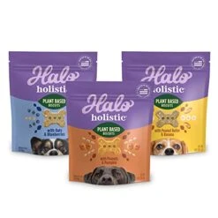 Halo Plant-Based Dog Treats Variety Pack, Oats & Blueberries, Peanut Butter & Banana, Peanuts & Pumkin, Vegan Dog Treat Pouch, 8oz Bag, 3 Count