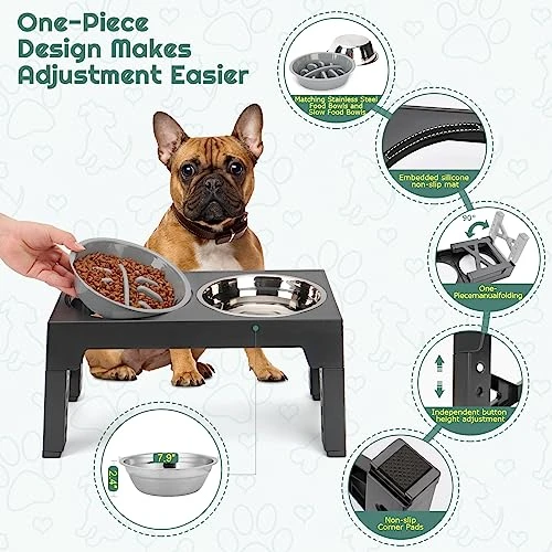 ODRIEW Elevated Dog Bowls, 5 Adjustable Heights Raised Dog Bowl Stand With 2 Stainless Steel Dog Food Bowls And 1 Slow Food Bowl, Tiltable Neck Guard For Small Medium Large Pets Dogs And Cats (Grey) 5 ODRIEW Elevated Dog Bowls, 5 Adjustable Heights Raised Dog Bowl Stand With 2 Stainless Steel Dog Food Bowls And 1 Slow Food Bowl, Tiltable Neck Guard For Small Medium Large Pets Dogs And Cats (Grey) - Image 3