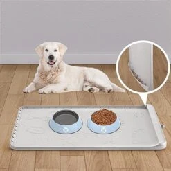Dog Food Mat - Dog Feeding Mats For Food And Water - 36" X 24" Extra Large Cat Dog Bowl Mat With Pocket For Catches Spill And Residue - Silicone Non Slip Pet Mat With 0.75" High Edges Anti-bite -Zoo Shop 517REHqWVjL. AC