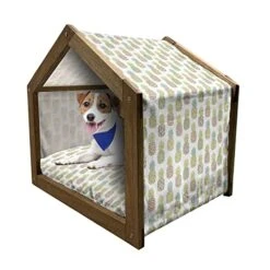 Ambesonne Pineapple Wooden Pet House, Tropical Fruit Pattern In Pastel Colors Juicy Nutritious And Ripe Summer Food, Indoor & Outdoor Portable Dog Kennel With Pillow And Cover, Medium, Multicolor