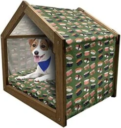 Ambesonne Sushi Wooden Pet House, Seafood Themed Traditional Sushi Rolls Consisting Of Rice Raw Fish Veggies In Seaweed, Indoor & Outdoor Portable Dog Kennel With Pillow And Cover, Small, Multicolor -Zoo Shop 518HImcvFSL. AC