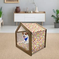 Lunarable Fruit Wooden Pet House, Colorful Pattern With Natural Food Mango Lychee Guava Feijoa And Carambola, Outdoor & Indoor Portable Dog Kennel With Pillow And Cover, Medium, Multicolor