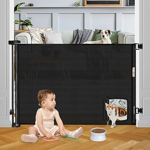 Retractable Baby Gates Retractable Dog Gate With Cat Door Walk Through 55" Wide Baby Gates For Dogs Indoor Baby Gate With Door Outdoor Pet Gate For Cats Cat Gate For Doorway Dog Gate For Stairs, Black 3 Retractable Baby Gates Retractable Dog Gate With Cat Door Walk Through 55" Wide Baby Gates For Dogs Indoor Baby Gate With Door Outdoor Pet Gate For Cats Cat Gate For Doorway Dog Gate For Stairs, Black