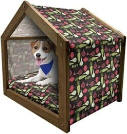 Ambesonne Vegetable Wooden Pet House, Radish Carrot And Beets Pattern On Beige Background Hand Drawn Food Composition, Indoor & Outdoor Portable Dog Kennel With Pillow And Cover, Small, Multicolor -Zoo Shop 518viciiZSL. AC