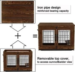 Piskyet Wooden Dog Crate Furniture With 360° Rotatable Removable Dog Bowls, Dog Crate End Table With Tray, Double Doors Dog Kennels Indoor For Small To Medium Dogs -Rustic Style -Zoo Shop 5190KpZnu8L